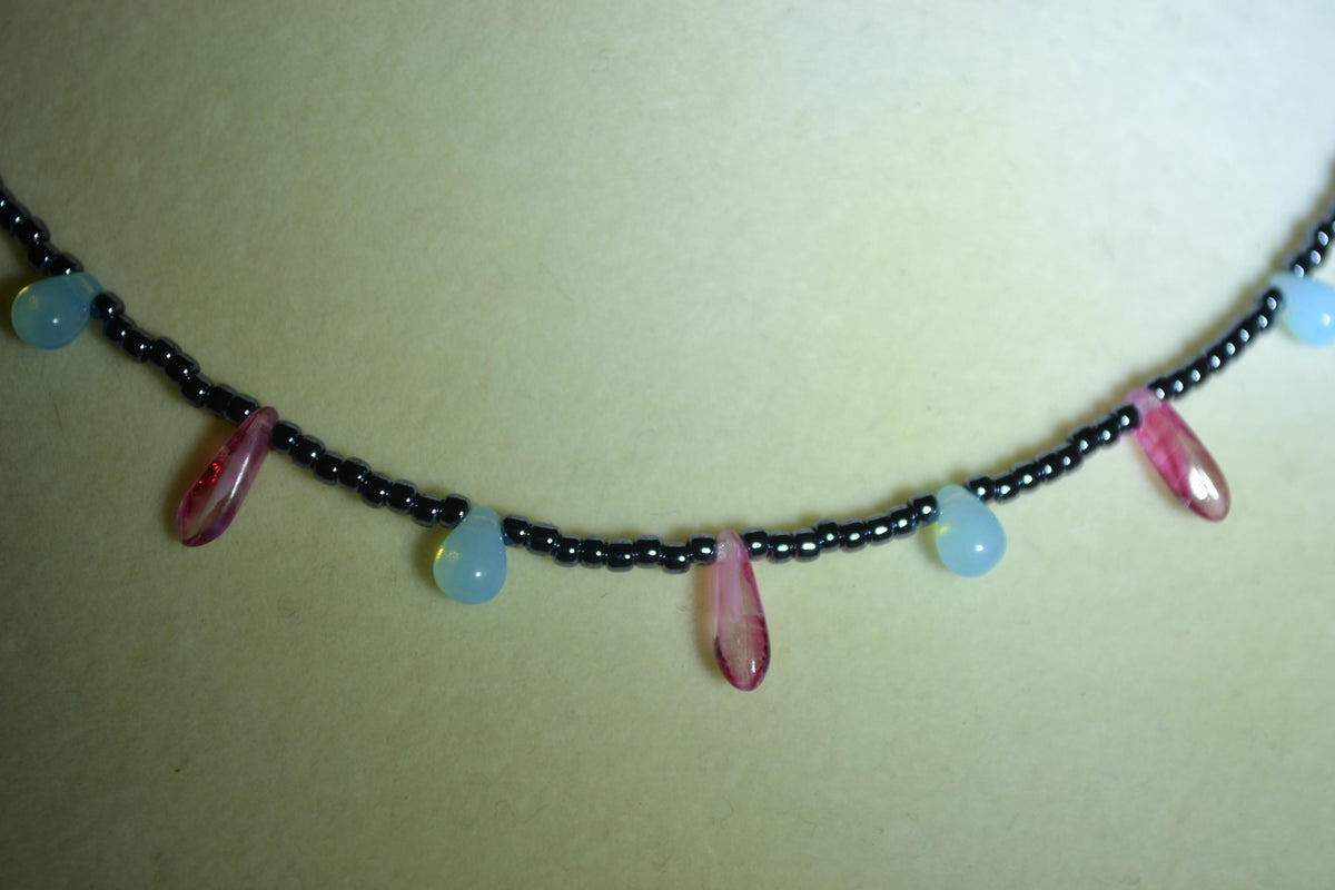 Multicolor glass bead choker. Gunmetal, Aqua, and raspberry