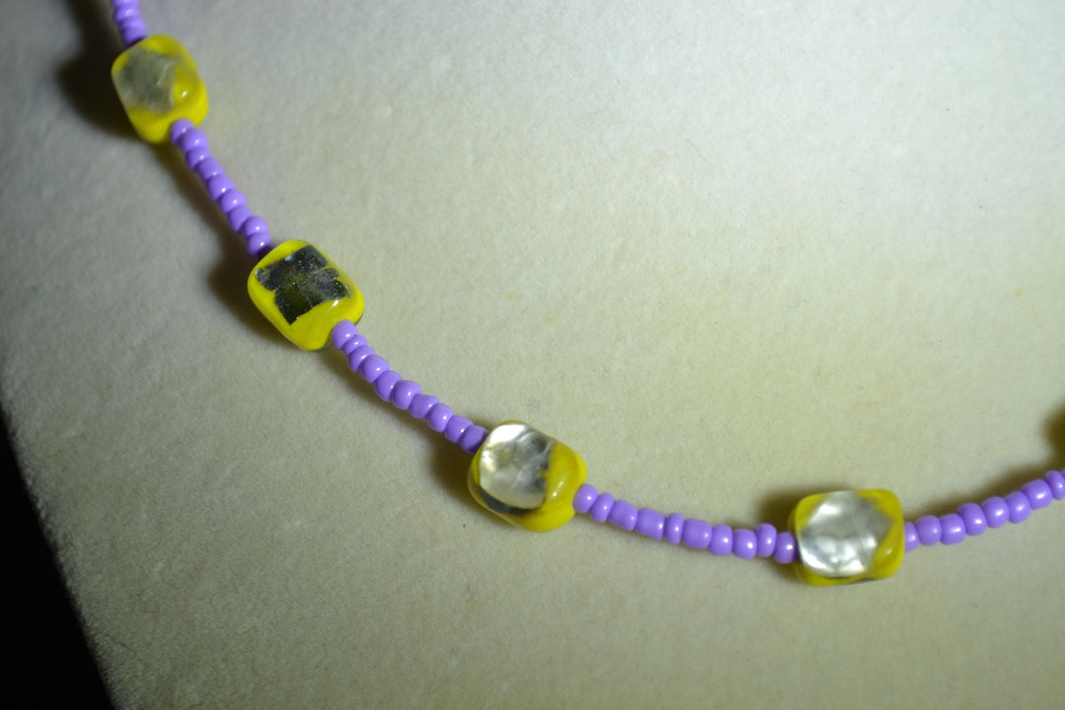 Multicolor glass bead choker. Lavender, yellow, and silver