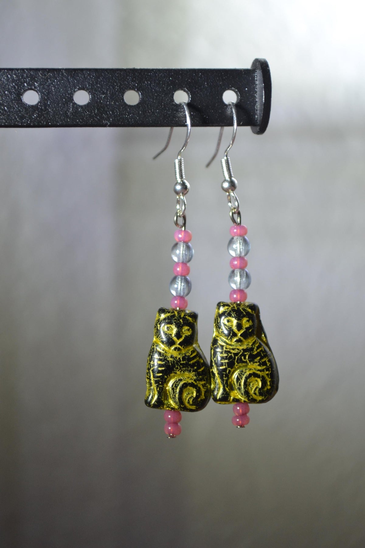 Beaded Cat Earrings. Yellow, blue, and pink