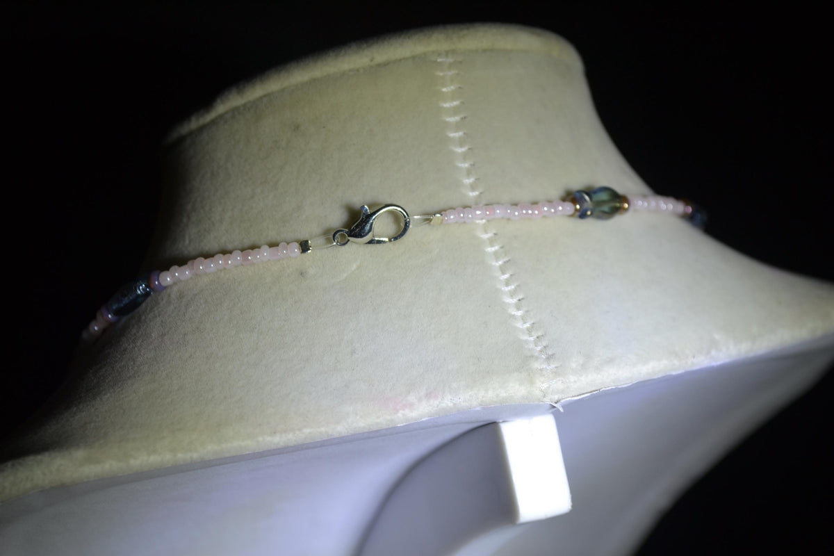 Beaded fish necklace. Blue, pink pearl, and amethyst