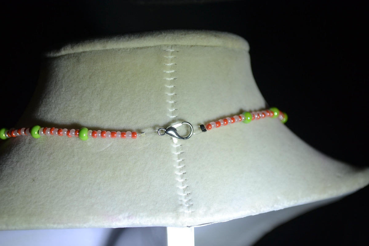 Silver marijuana pendant glass bead choker. Green, white, and orange