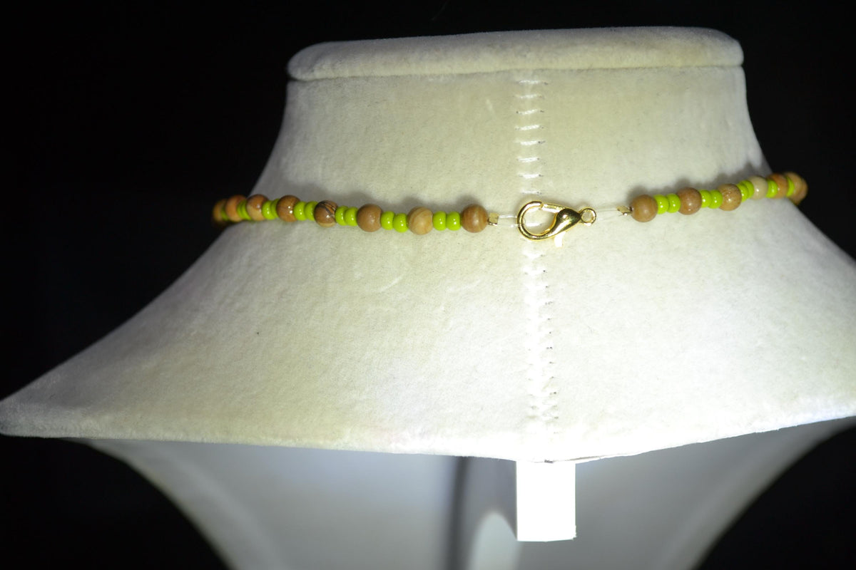 Pink Abalone Mother of Pearl pendant glass bead necklace. Green and wood