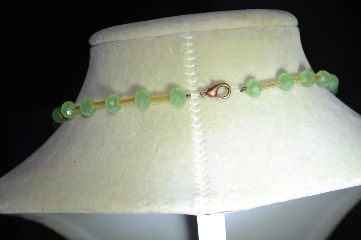 Bronze Dragonfly pendant glass bead necklace. Green and champagne