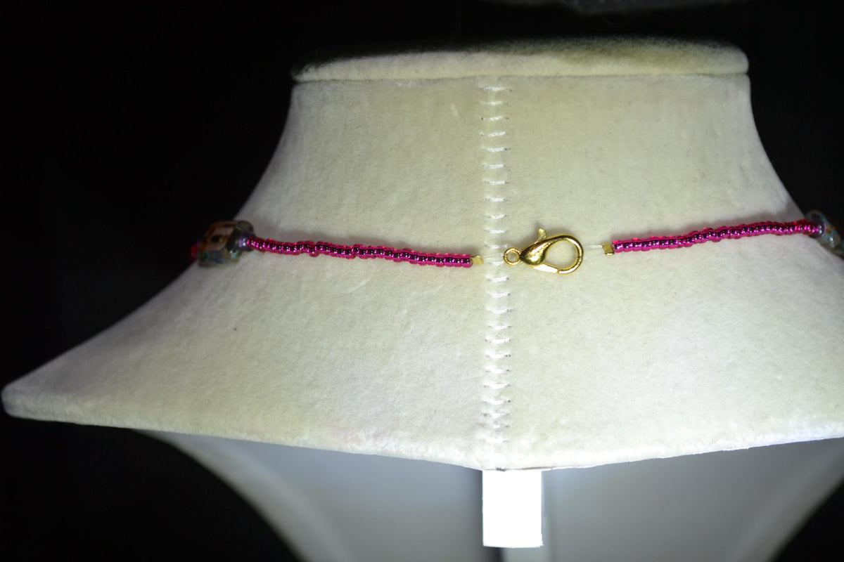 Multicolor glass bead necklace. Fuschia, amethyst, and square Picasso