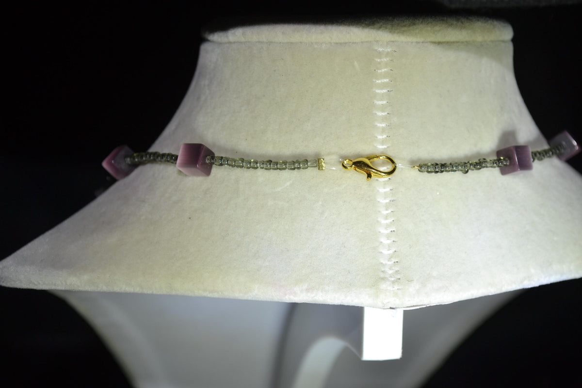 Multicolor glass bead necklace. Purple cat eye and grey
