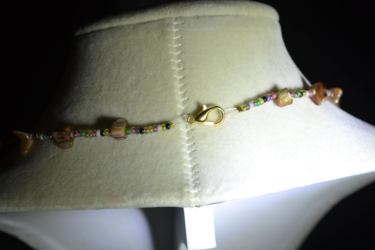Multicolor glass bead necklace. Brown abalone and diluted rainbow