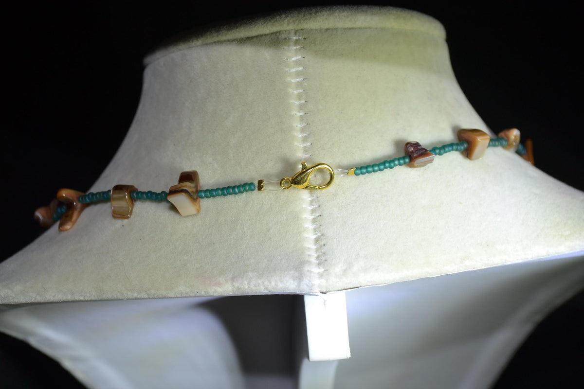 Multicolor glass bead necklace. Teal, brown abalone, white butterfly abalone