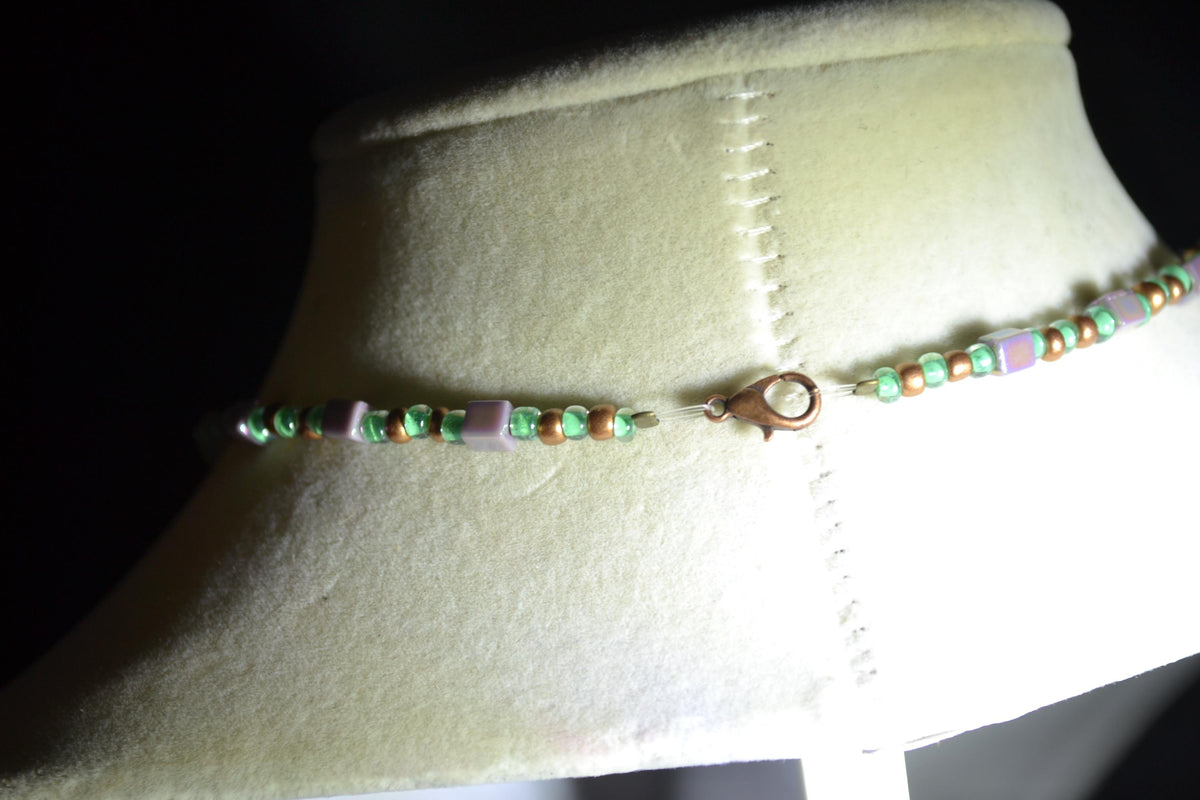 Bronze hook pendant glass bead choker. Bronze, teal, and iridescent purple