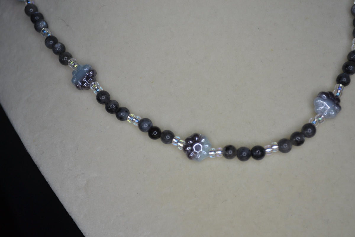 Multicolor glass bead necklace. Cornflowers, black agate, and crystal