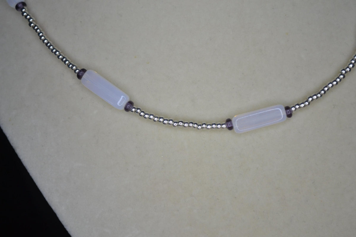 Multicolor glass bead necklace. Silver, moonstone, and amethyst