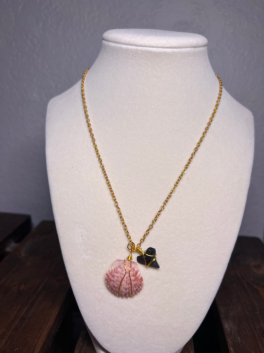 Wire wrapped sea shell & sharks tooth necklace