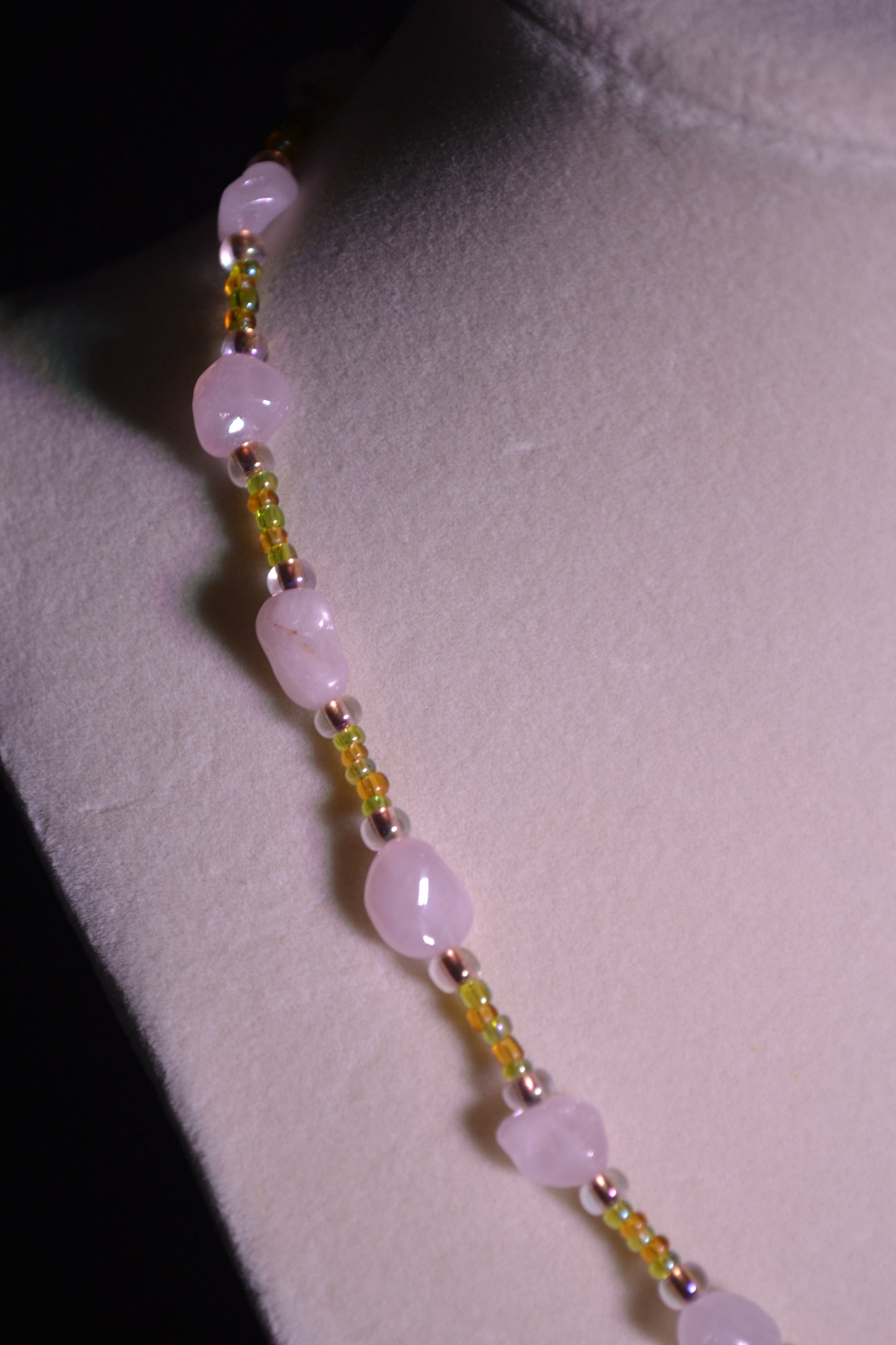 Pink and green glass bead necklace