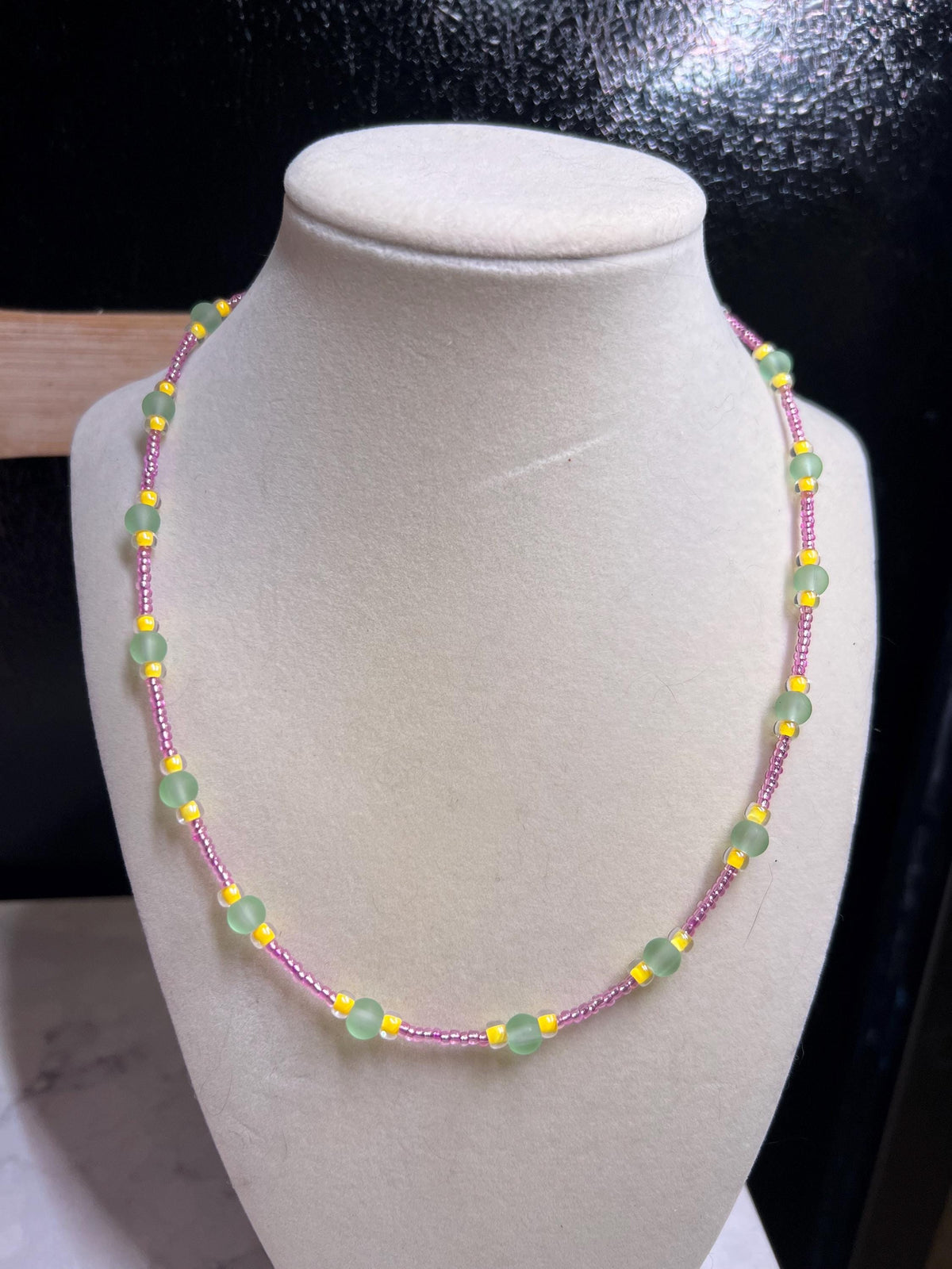 Glass bead necklace. Pink, yellow, and green.