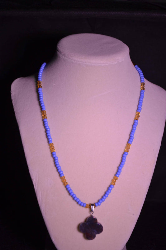 Multicolor glass bead necklace. Periwinkle and topaz.