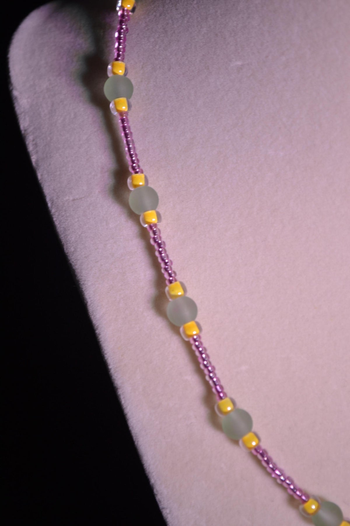 Glass bead necklace. Pink, yellow, and green.