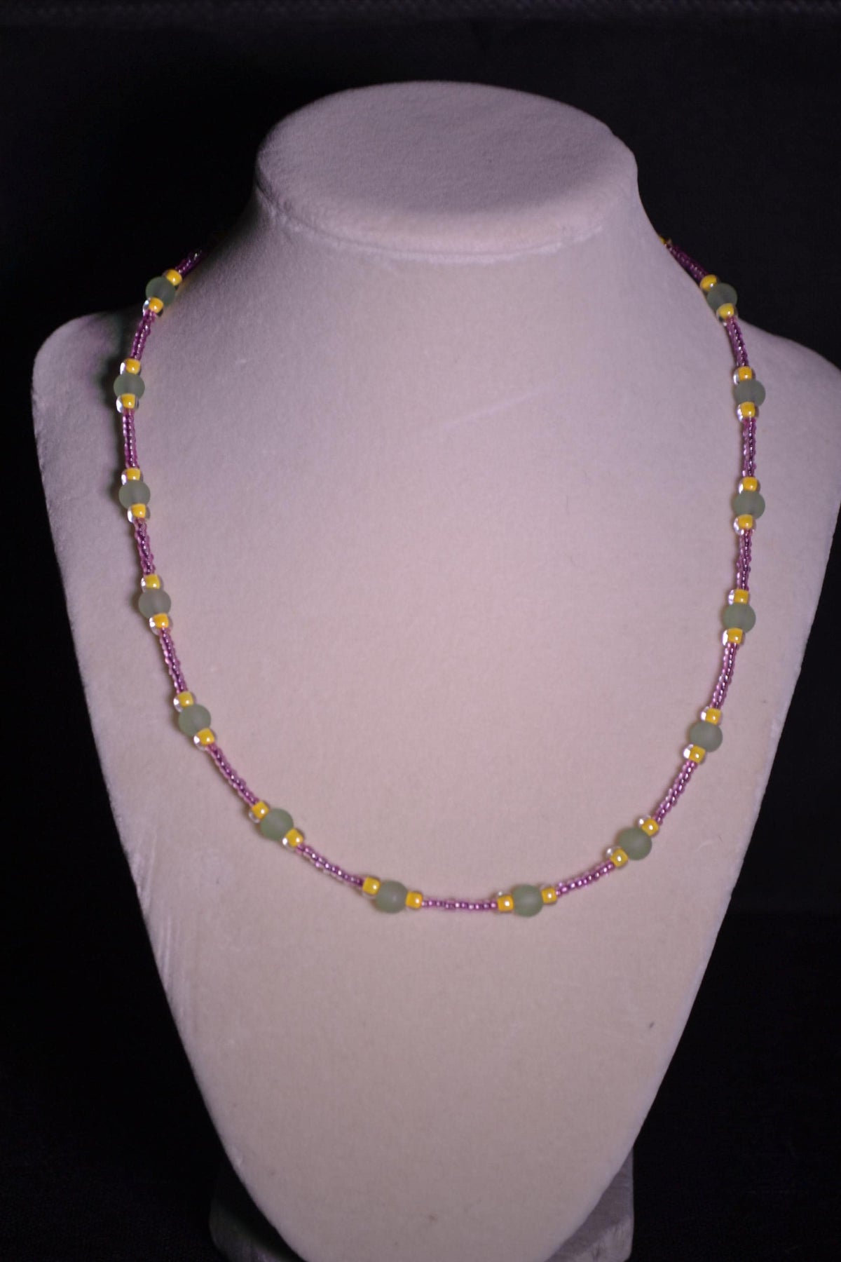 Glass bead necklace. Pink, yellow, and green.