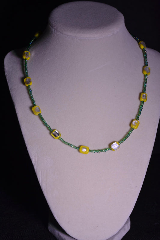 Yellow, Silver, and Green glass bead necklace