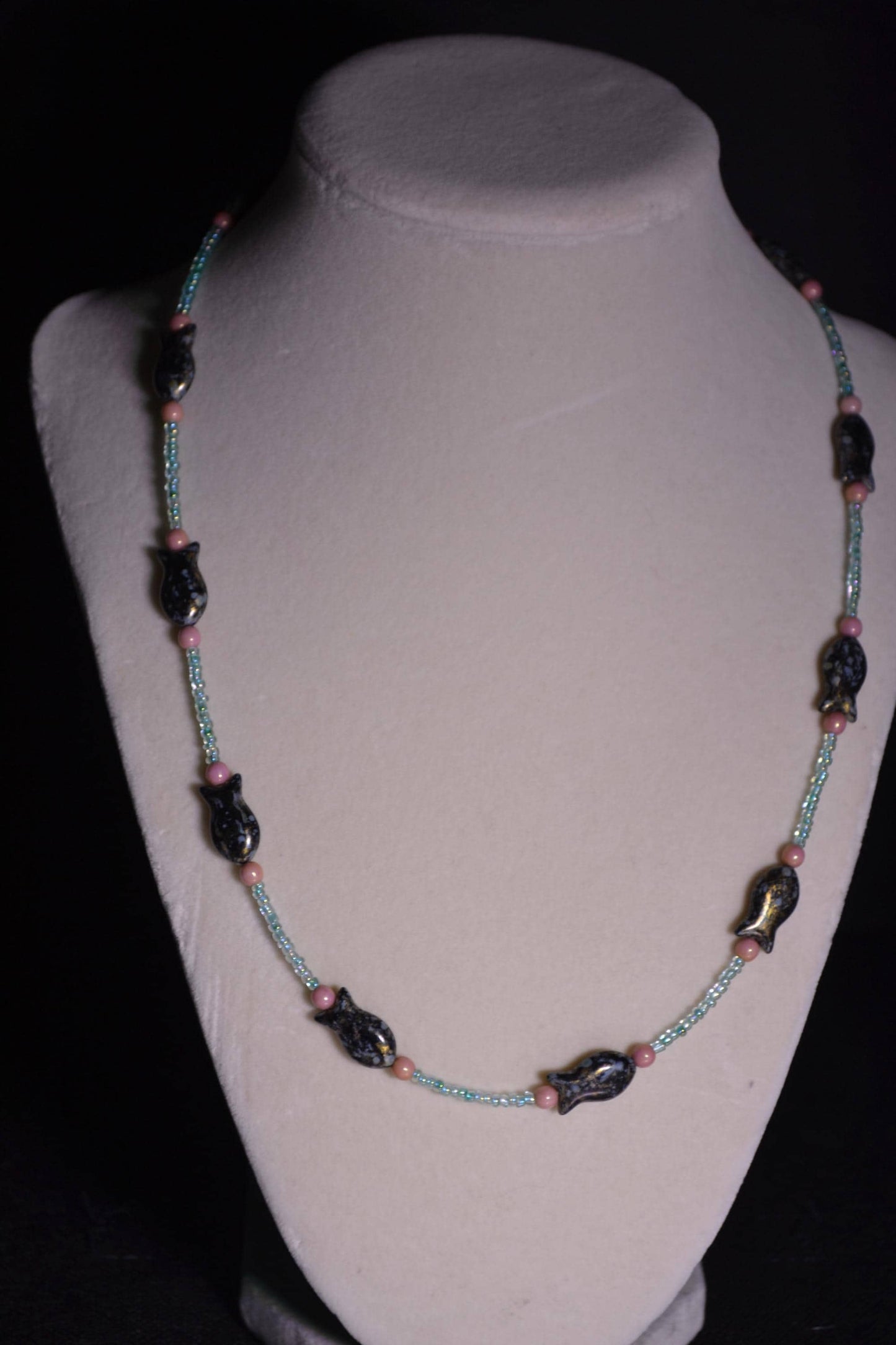 Beaded fish necklace. Blue, pink, and fish beads