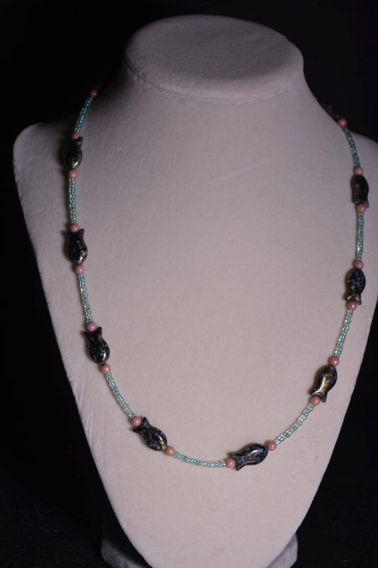 Beaded fish necklace. Blue, pink, and fish beads