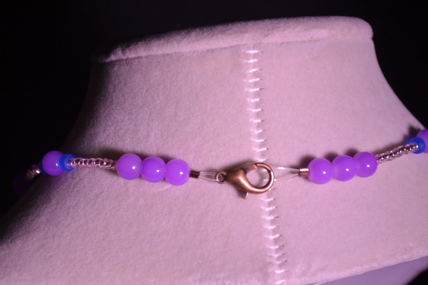 Multicolor glass bead necklace. Purple, rose, and blue