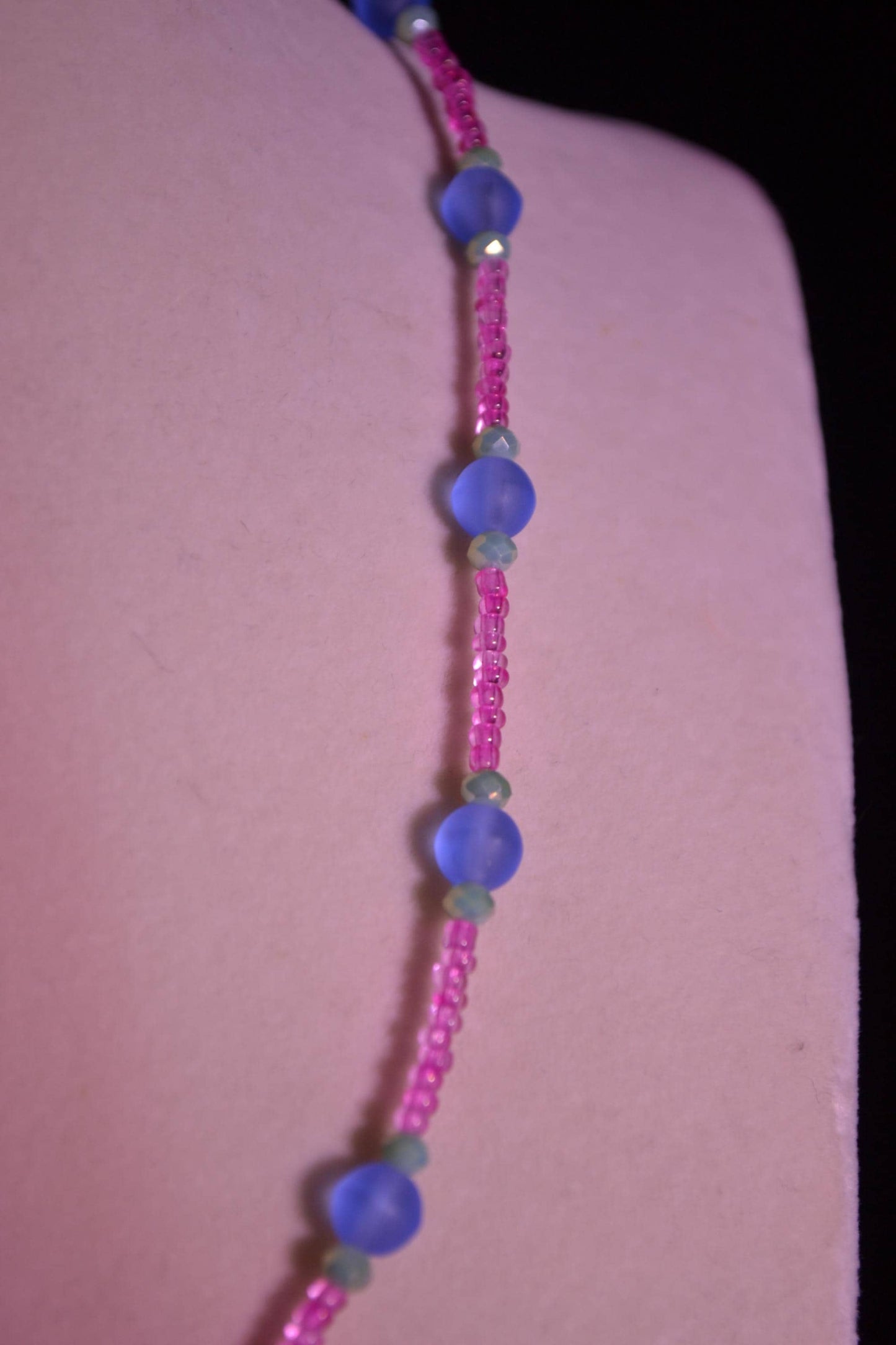 Pink, blue, and green glass bead necklace