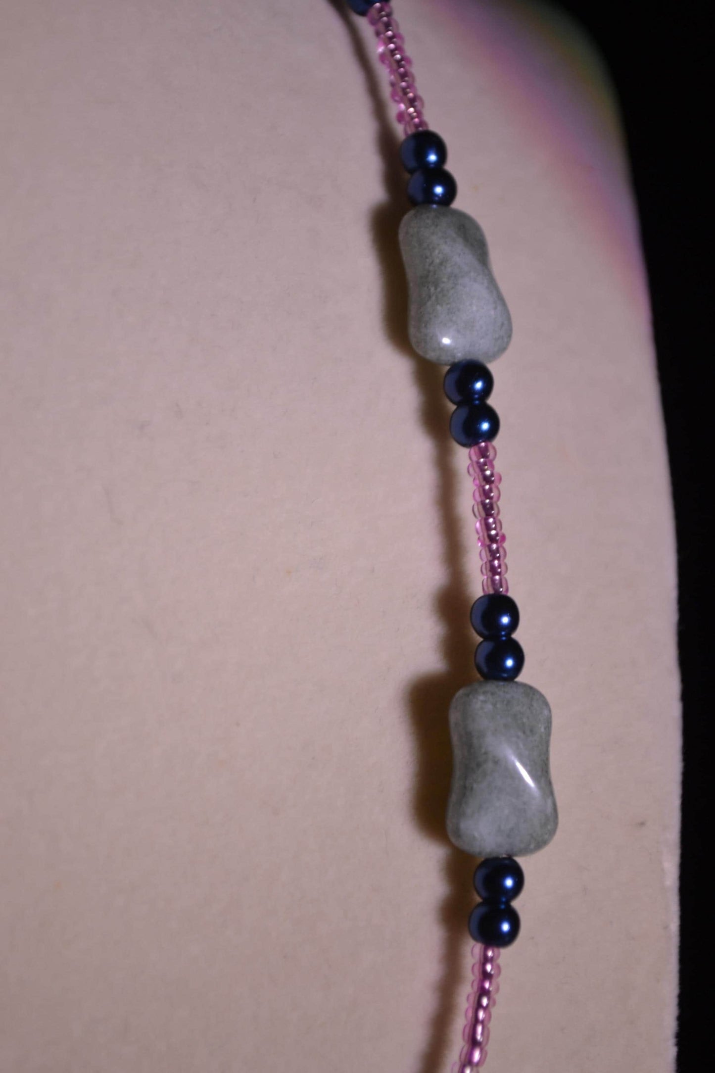 Multicolor glass bead necklace. Stone, pink, and black