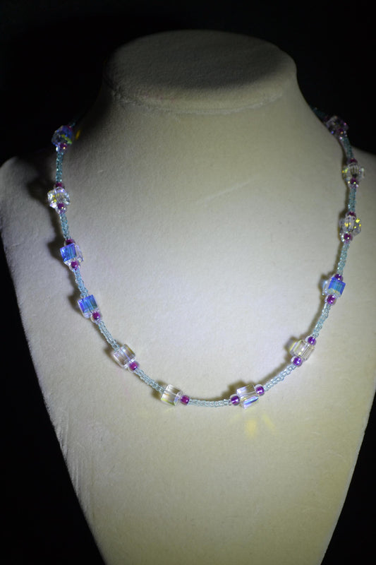 Crystal, purple, and blue beaded necklace