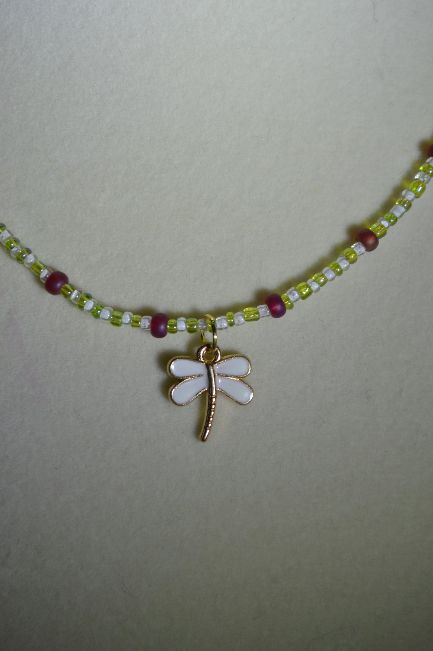 White dragonfly pendant glass bead necklace