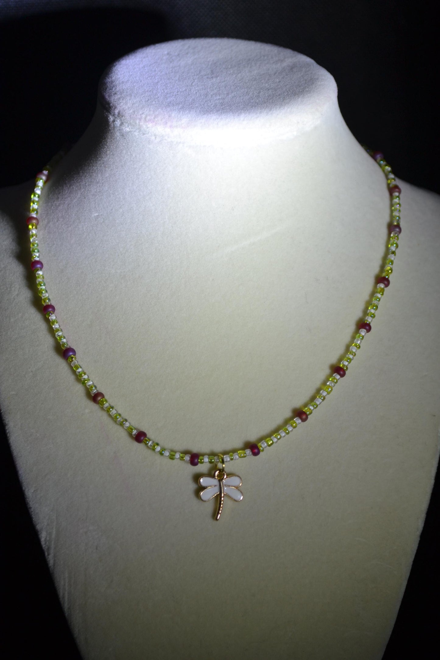 White dragonfly pendant glass bead necklace