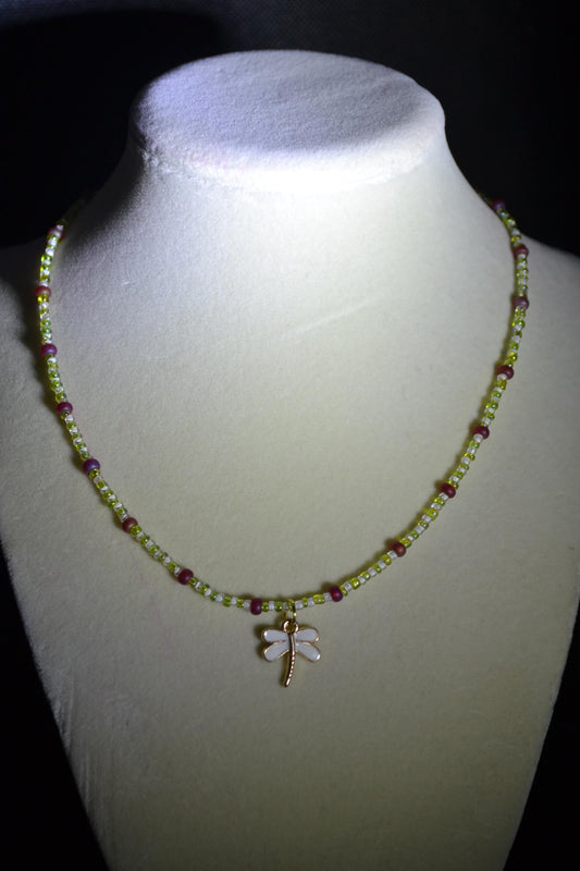 White dragonfly pendant glass bead necklace