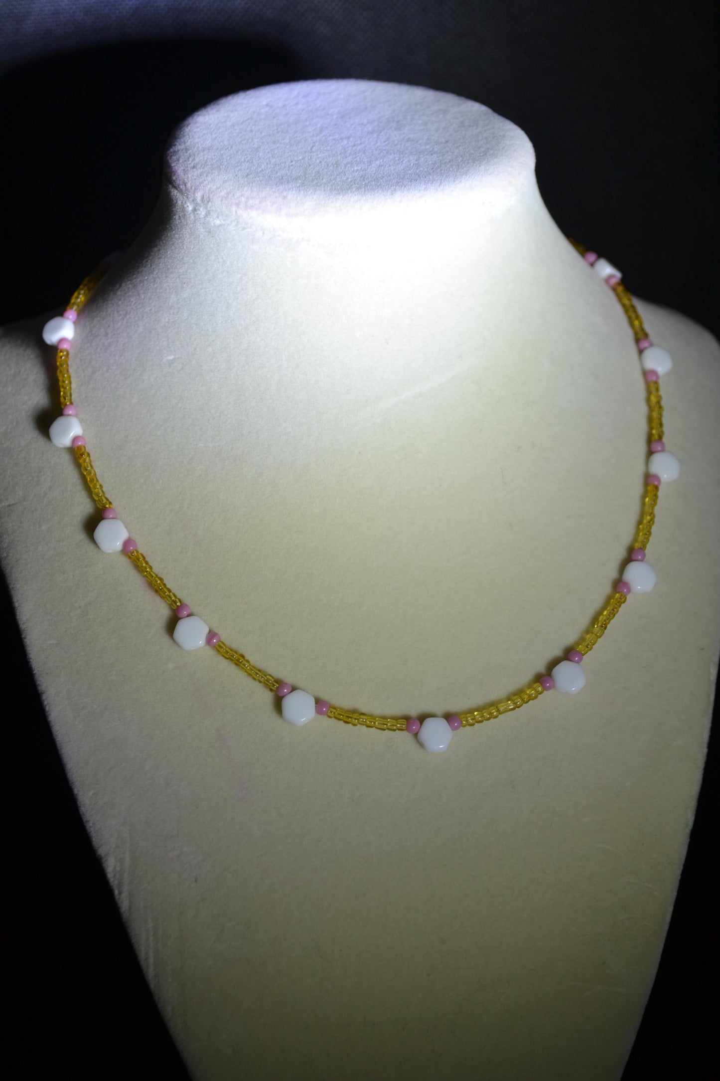 Multicolor glass bead necklace. Pink, golden, and white