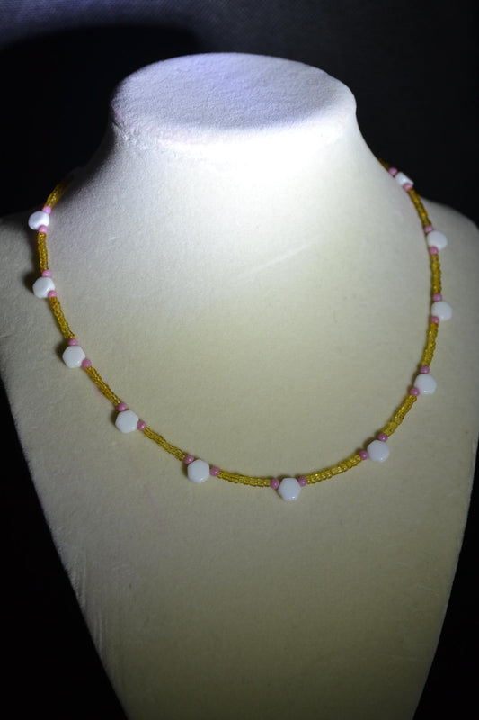 Multicolor glass bead necklace. Pink, golden, and white