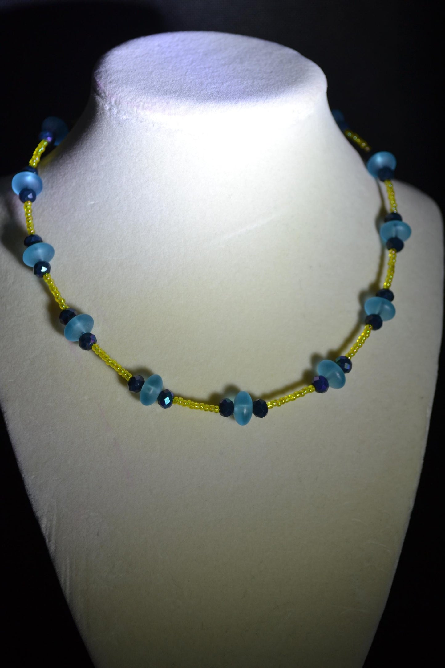 Multicolor glass bead necklace. Aqua, yellow, and black
