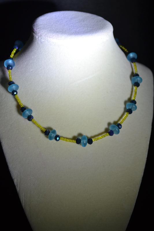 Multicolor glass bead necklace. Aqua, yellow, and black