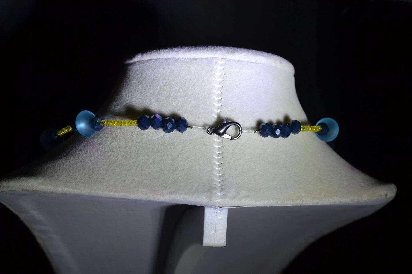Multicolor glass bead necklace. Aqua, yellow, and black
