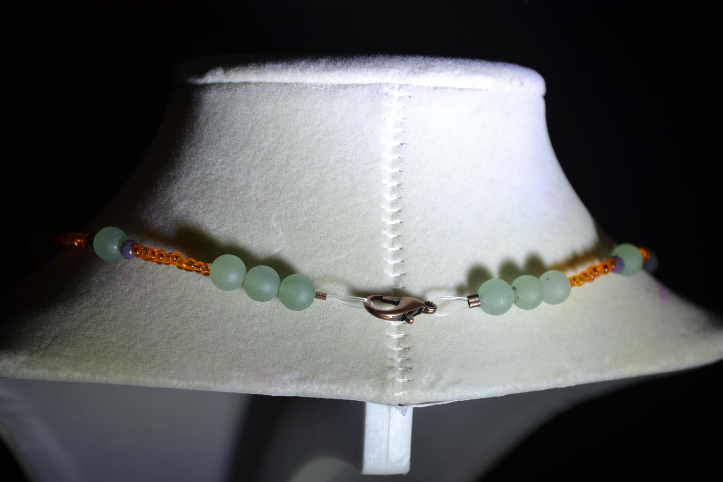 Multicolor glass bead necklace. Orange, grey, and green