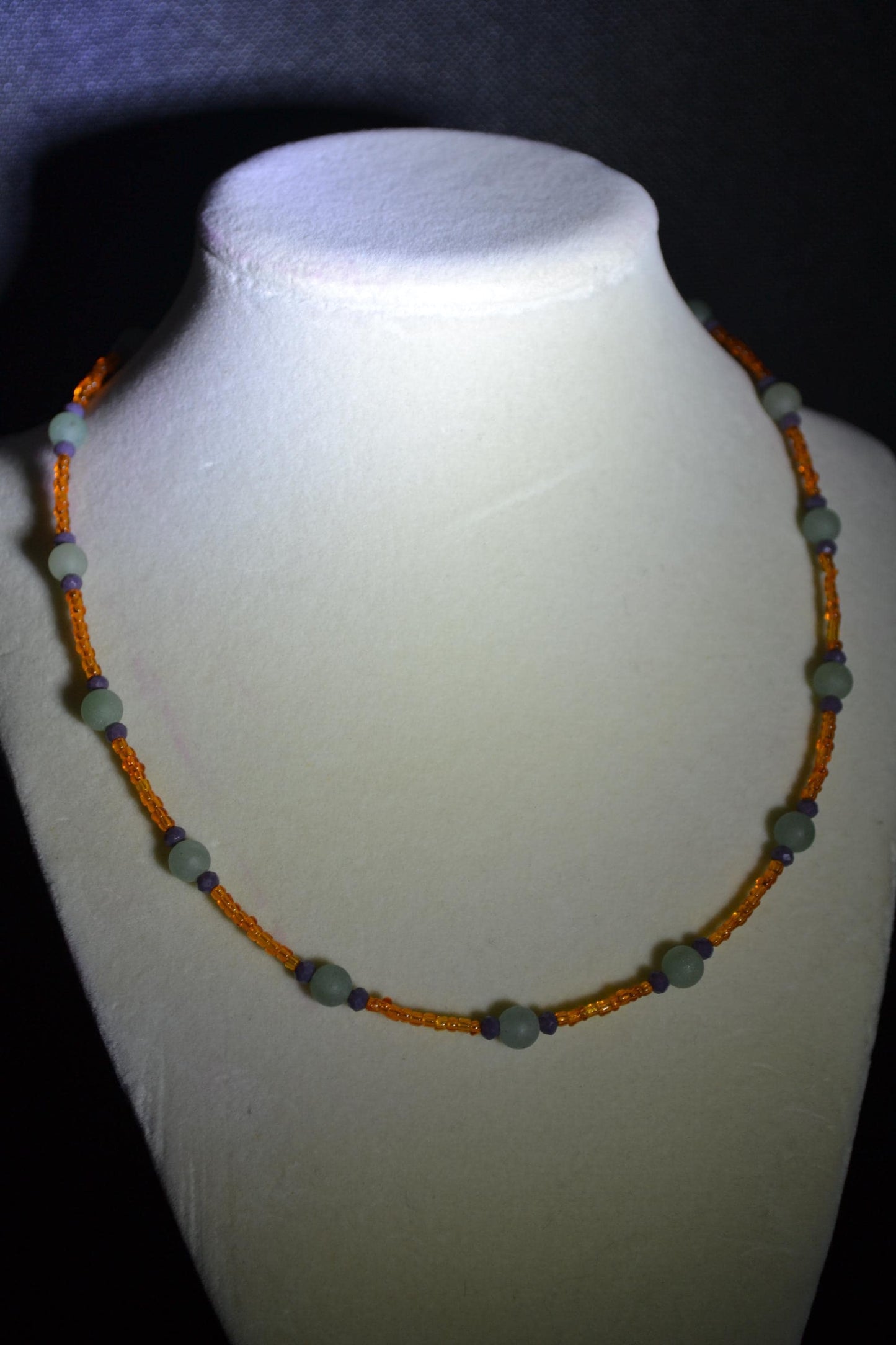 Multicolor glass bead necklace. Orange, grey, and green