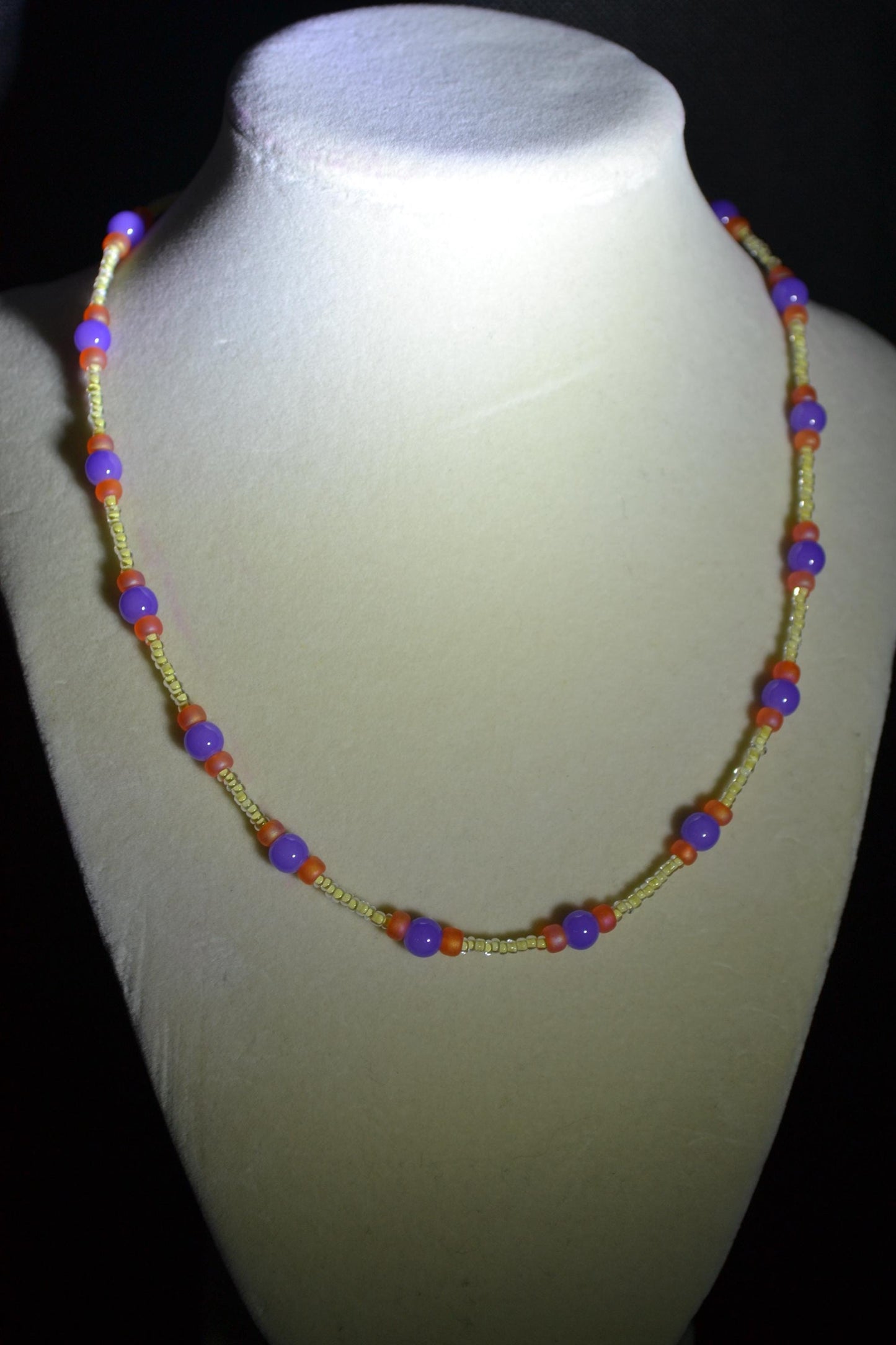 Multicolor glass bead necklace. Purple, yellow, and orange
