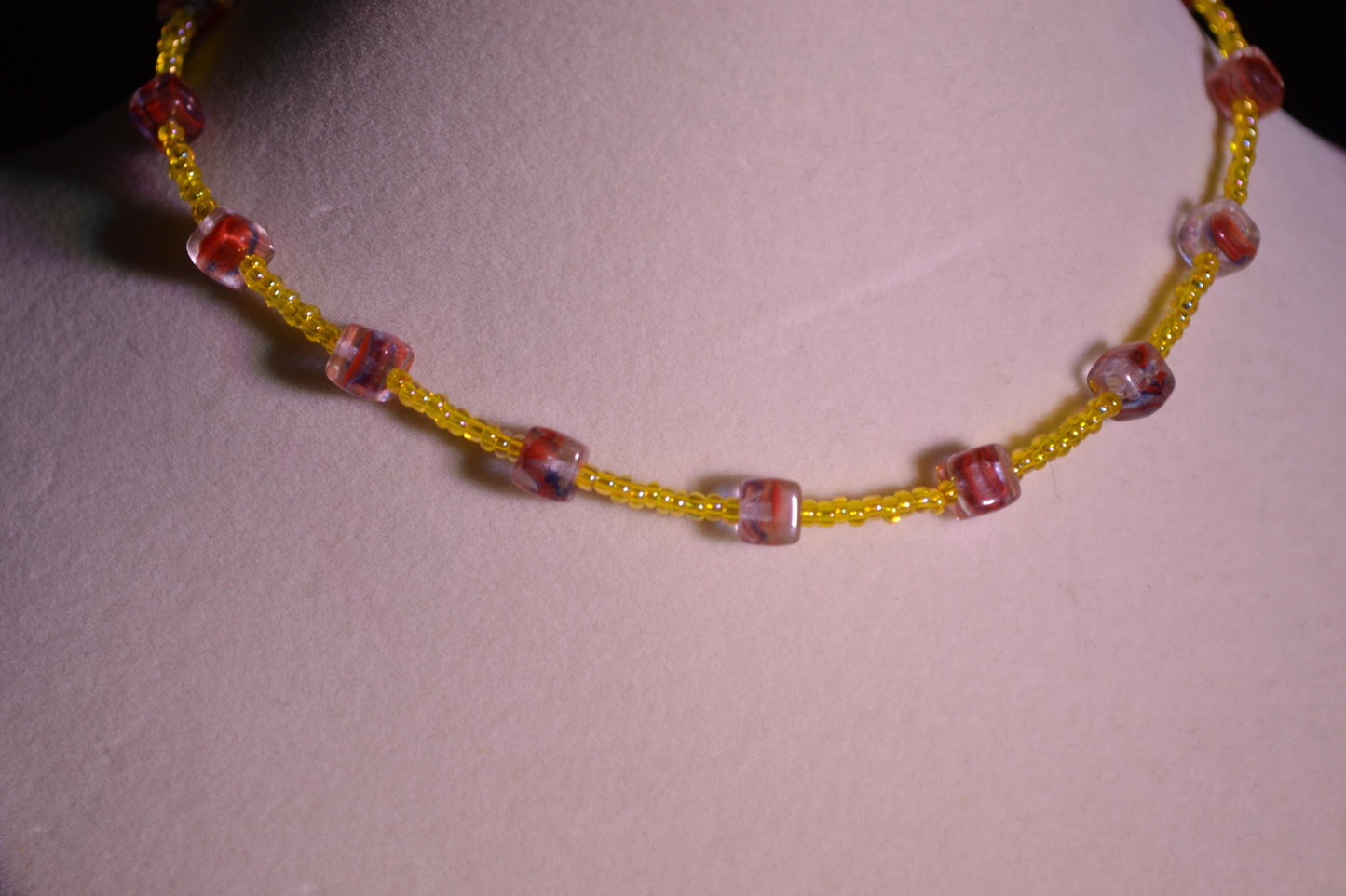 Multicolor glass bead anklet. Yellow and red