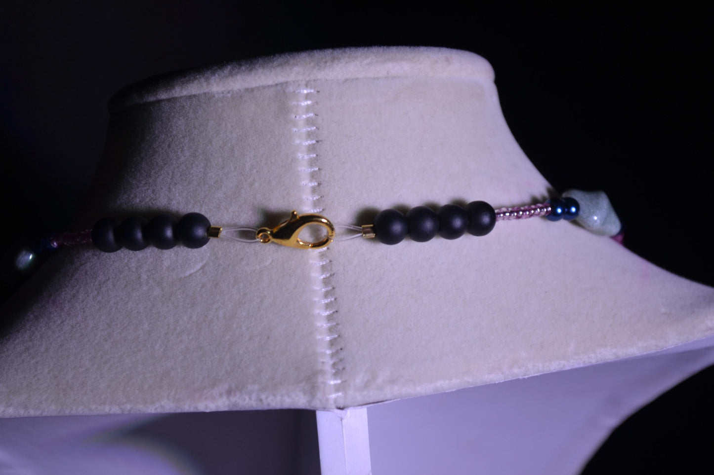 Multicolor glass bead necklace. Stone, pink, and black