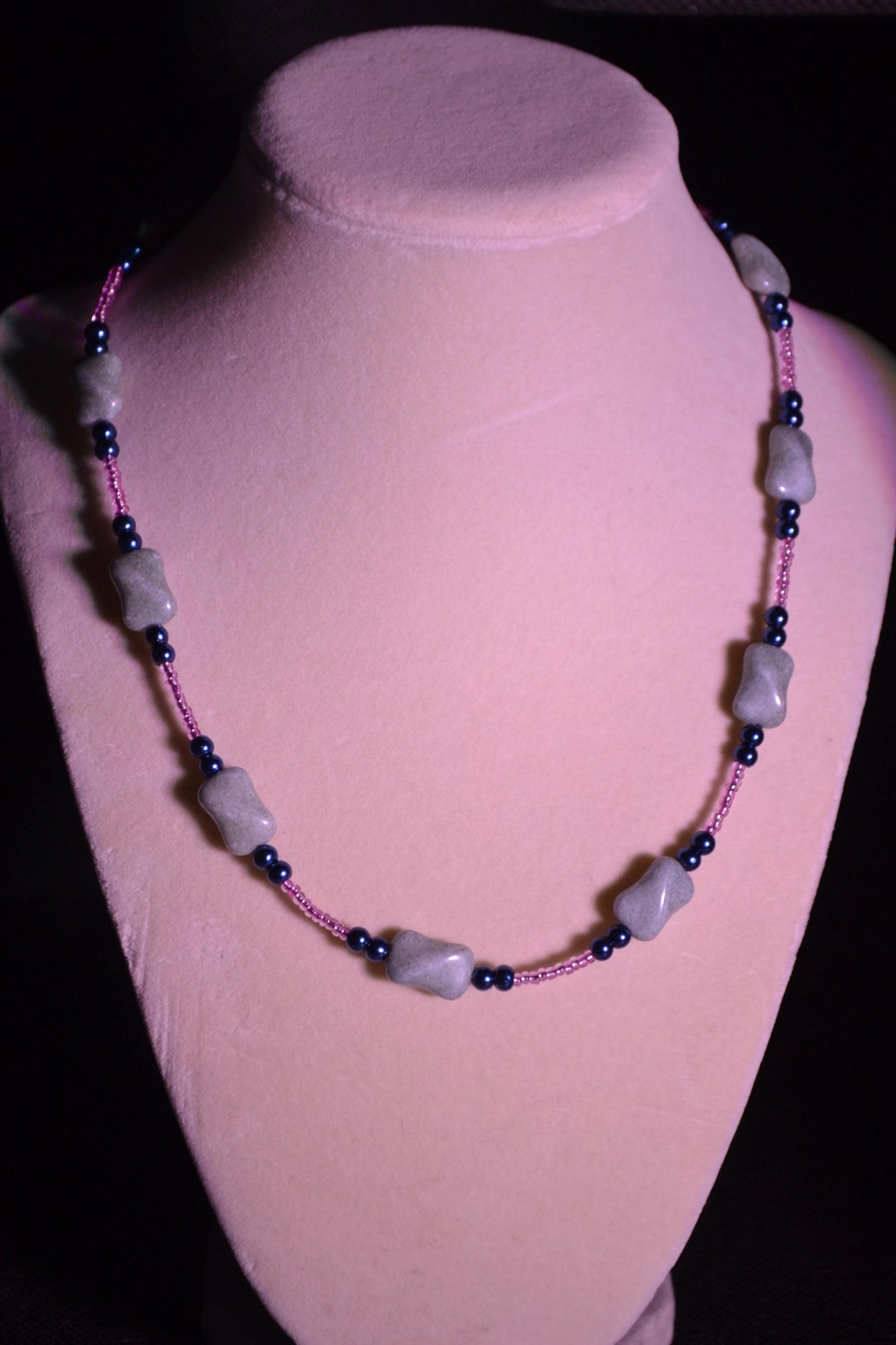 Multicolor glass bead necklace. Stone, pink, and black