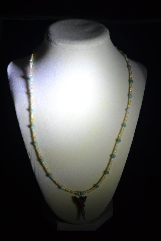 Wire wrapped sharks tooth beaded necklace. Yellow and green
