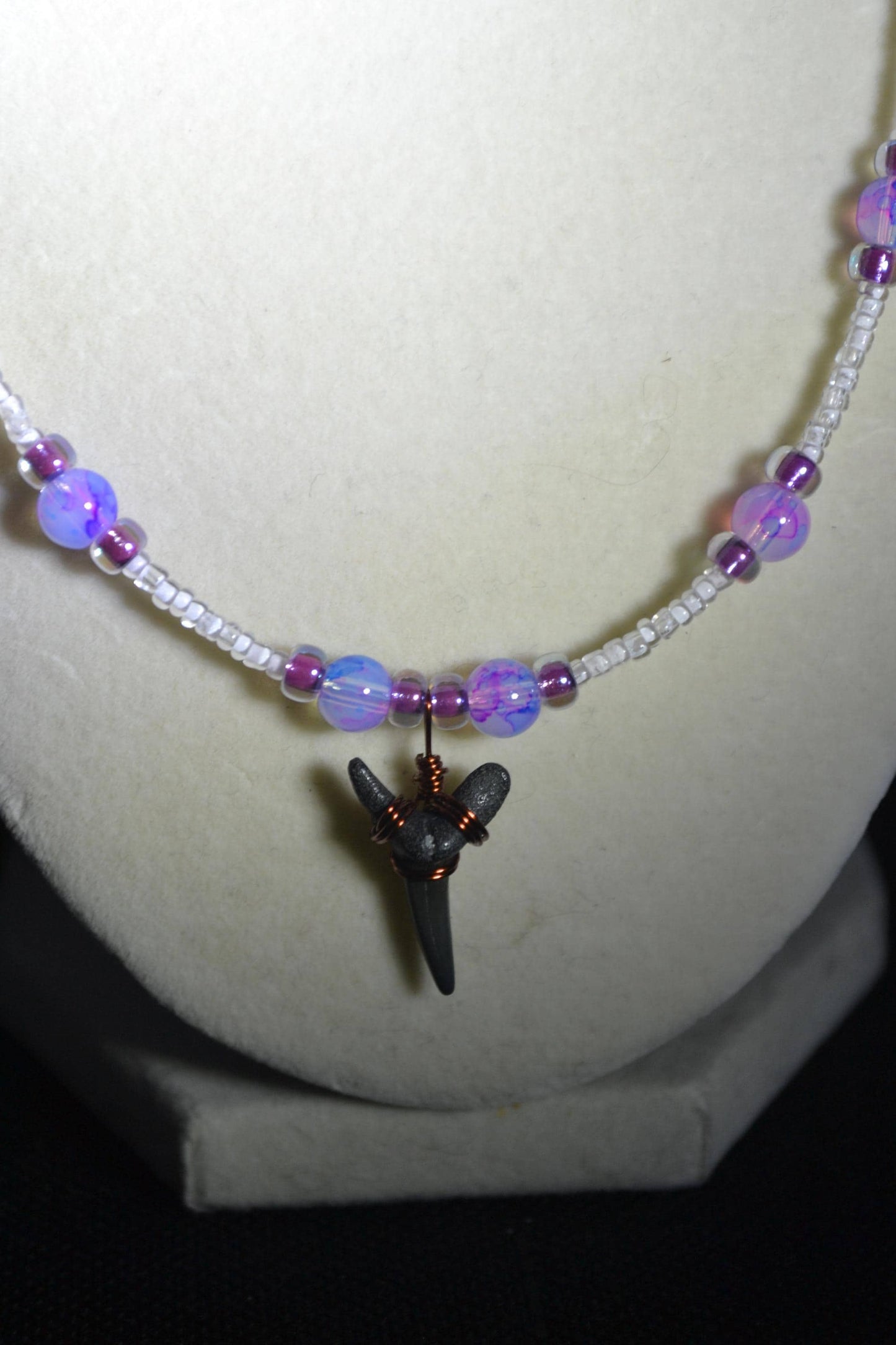Wire wrapped sharks tooth beaded necklace. Galaxy colors