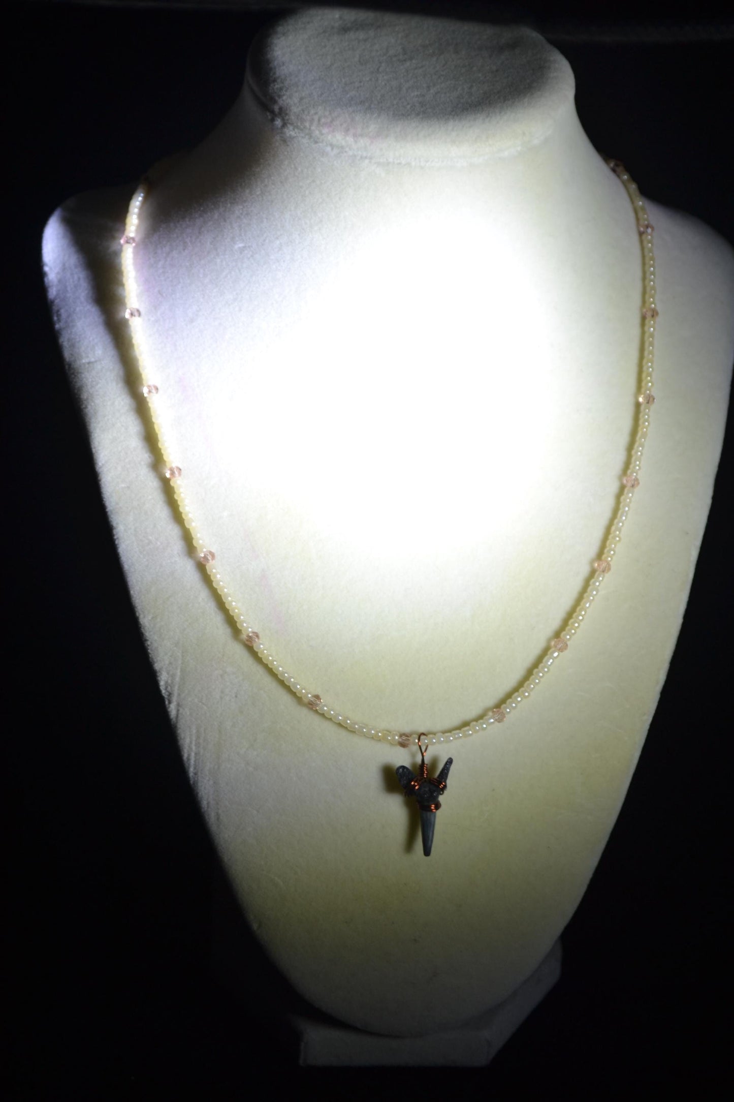 Wire wrapped sharks tooth beaded necklace. Pearl and peach