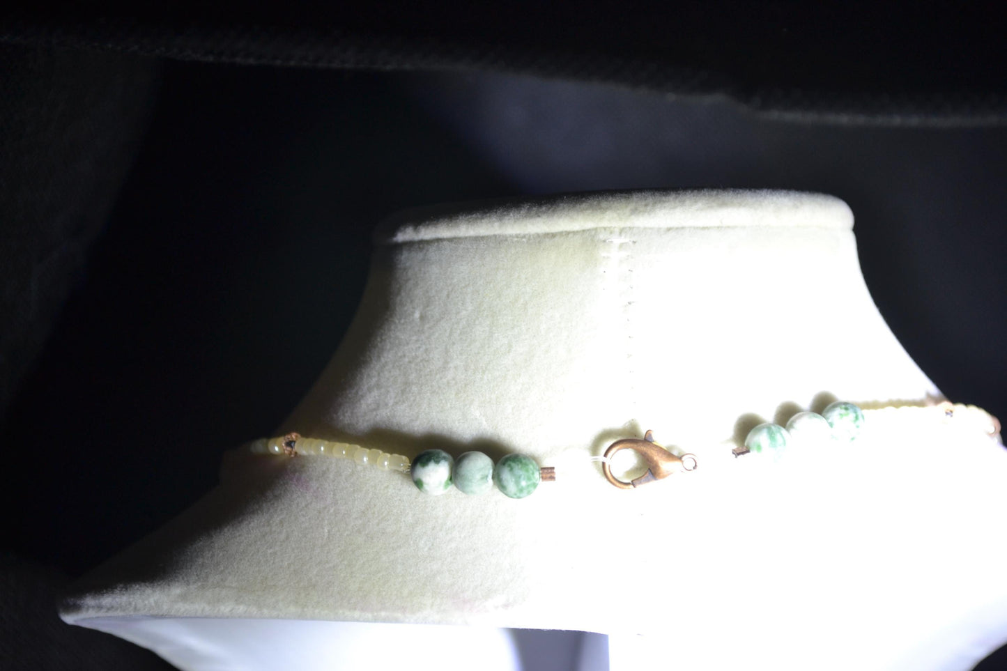 Wire wrapped sharks tooth beaded necklace. Pearl and peach