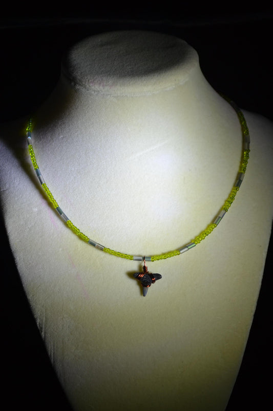 Wire wrapped sharks tooth beaded necklace. Green and grey