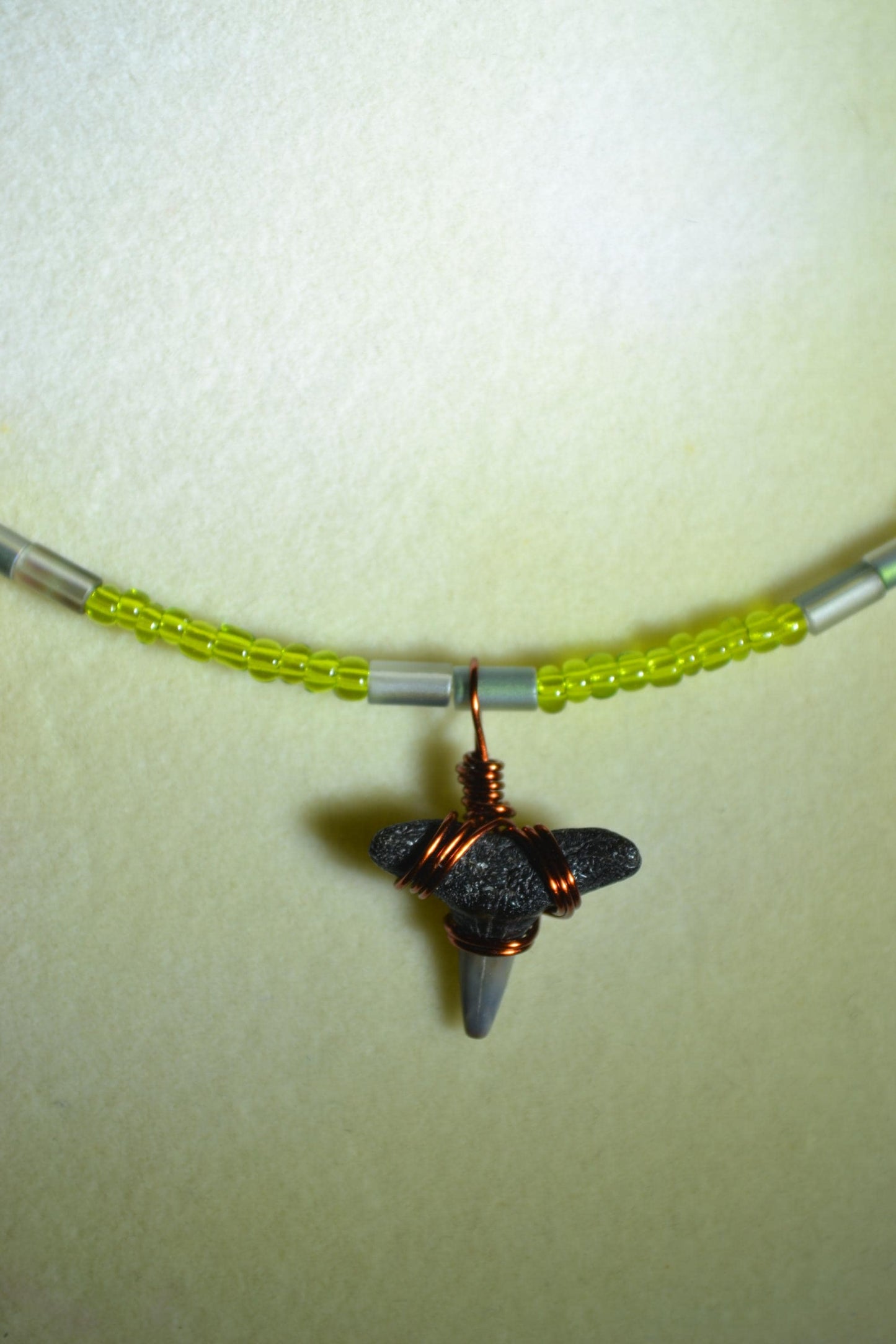 Wire wrapped sharks tooth beaded necklace. Green and grey