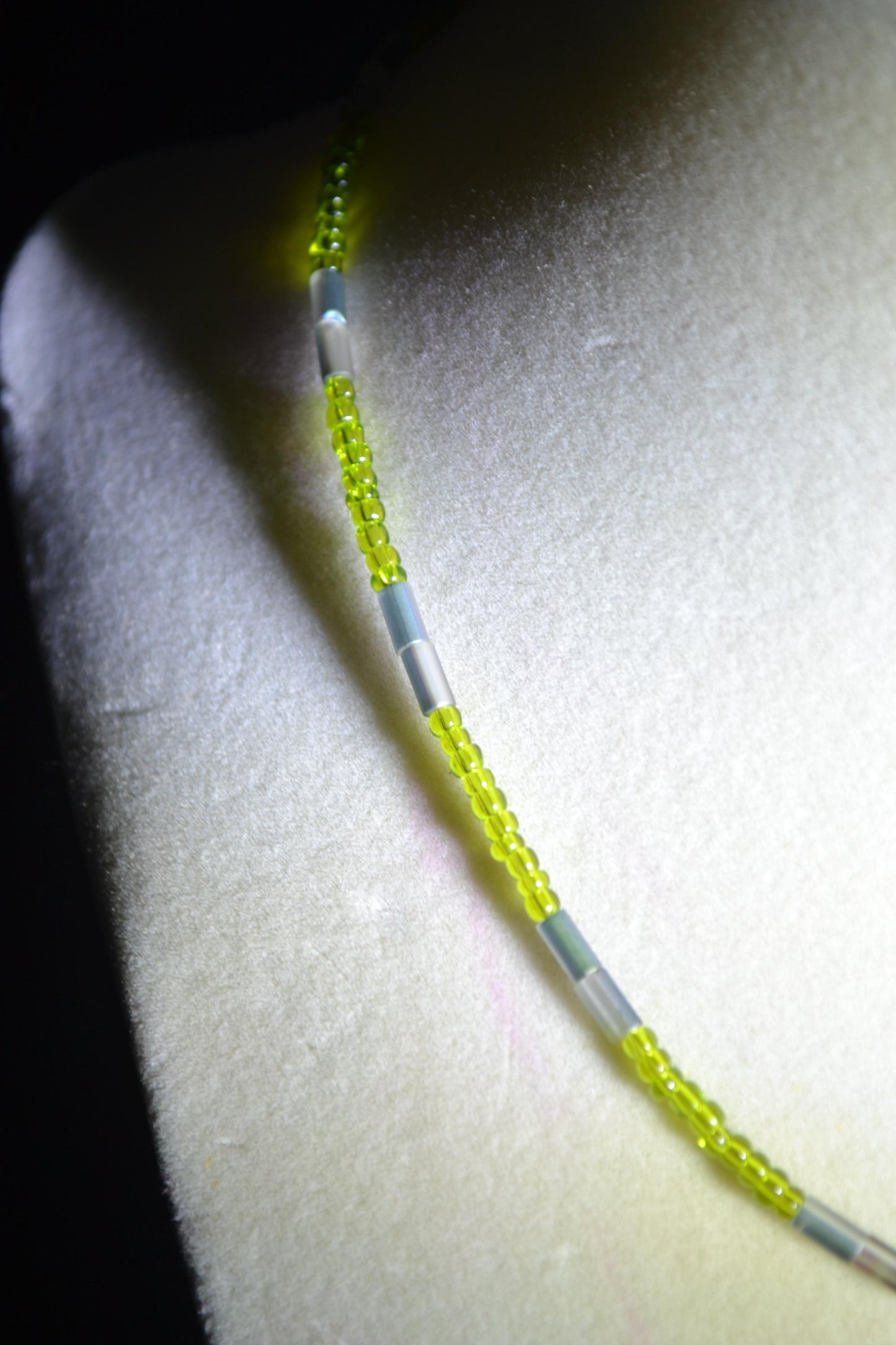 Wire wrapped sharks tooth beaded necklace. Green and grey