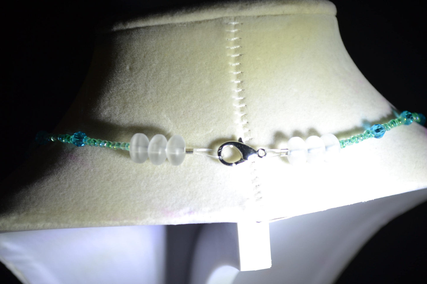Wire wrapped sharks tooth beaded necklace. Blues