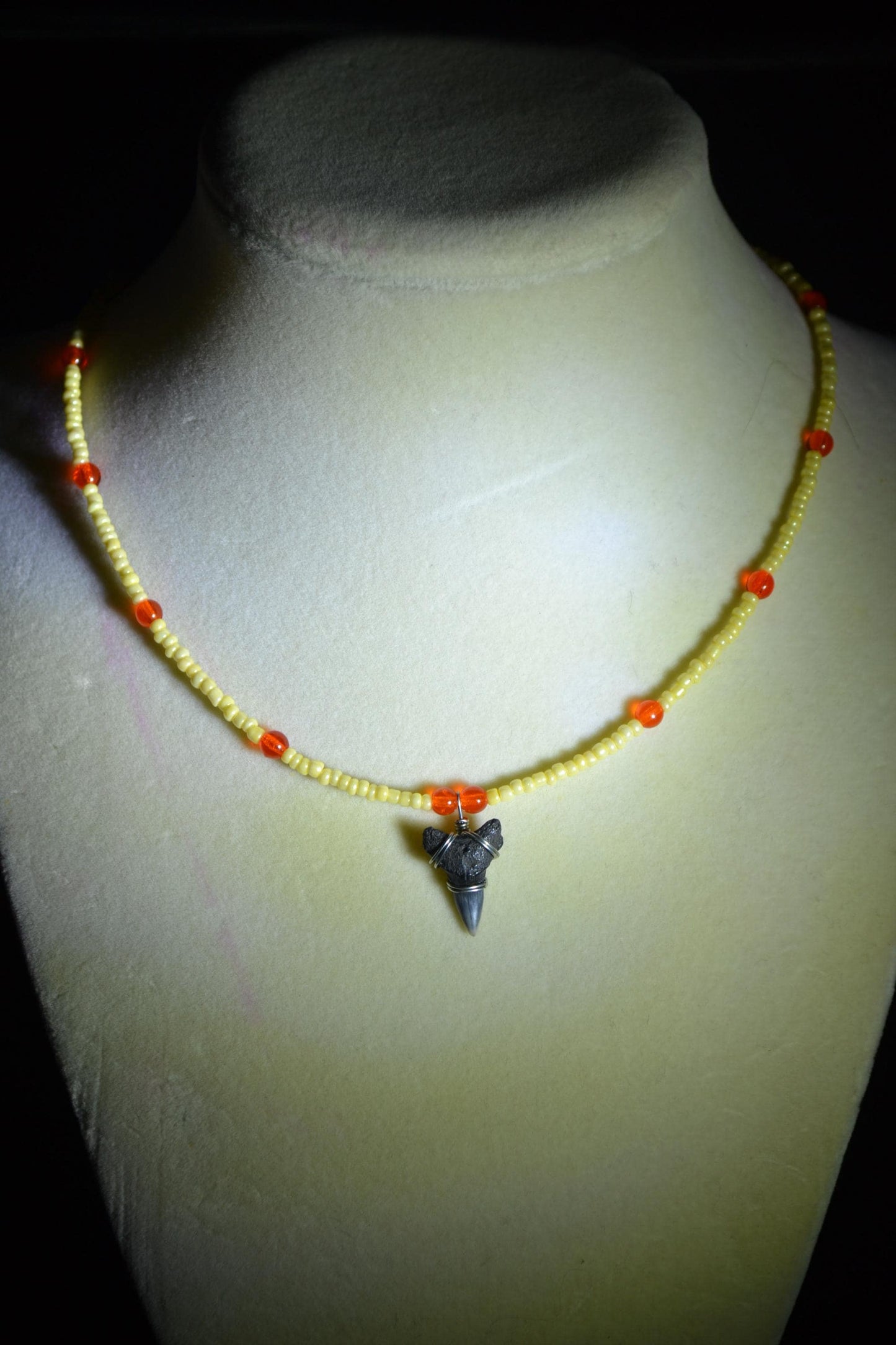 Wire wrapped sharks tooth beaded choker. Yellow and orange